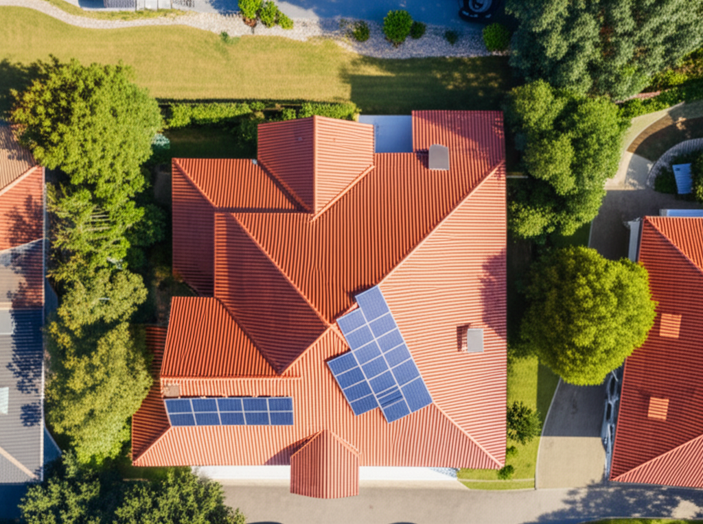 Panouri fotovoltaice instalate pe acoperișul roșu - vedere aeriană